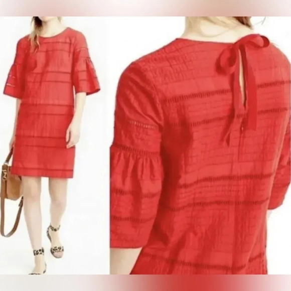 J Crew Eyelet Shift Dress Size 8 Red Flare Short Sleeve Round Neck Back Zip EUC - Picture 1 of 4